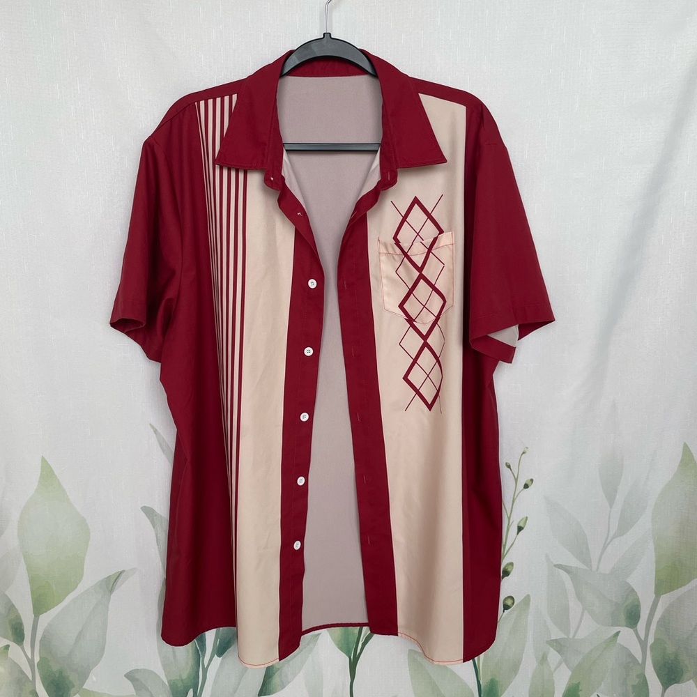 Men's Red and Cream Short Sleeve Shirt